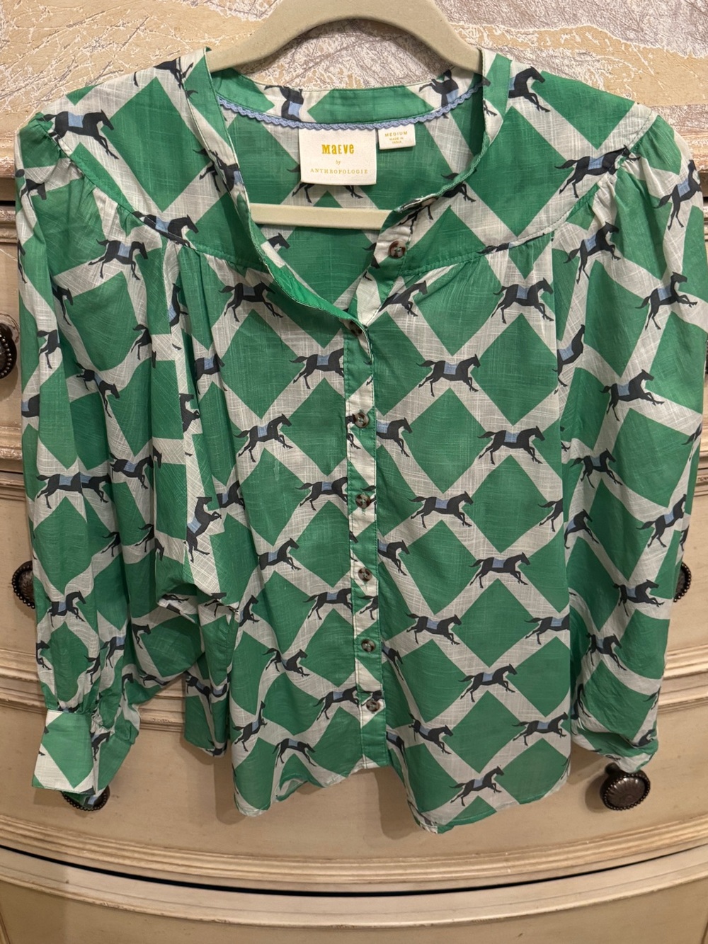 Anthropologie Green and Navy Horse-Print Button Front Blouse